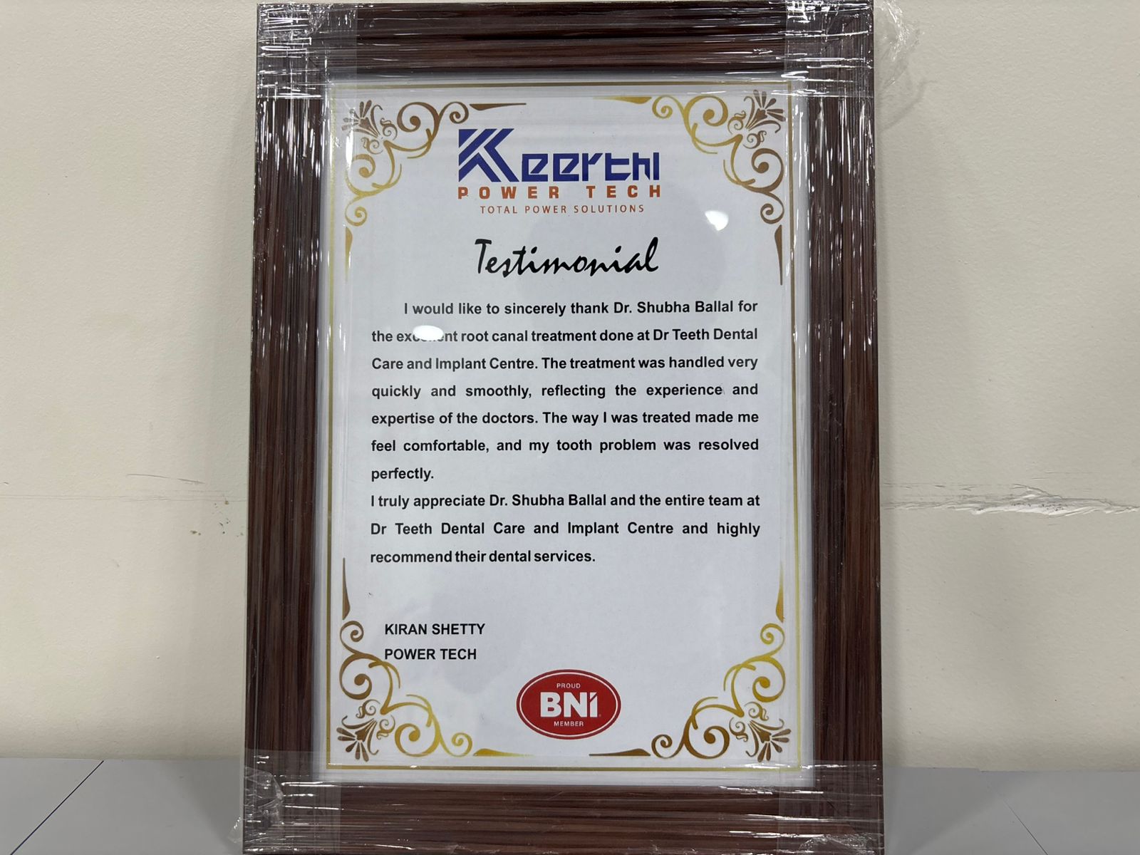 BNI Testimonial Plaque - Kiran Shetty, Power Tech