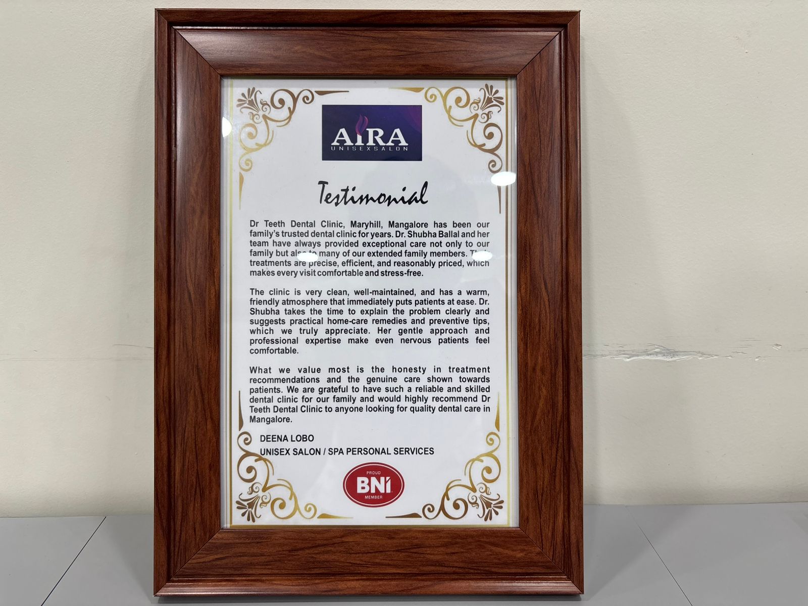 BNI Testimonial Plaque - Deena Lobo, AiRA Salon