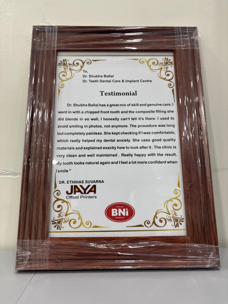 BNI Testimonial Plaque - Dr. Ethihas Suvarna, Jaya Offset Printers