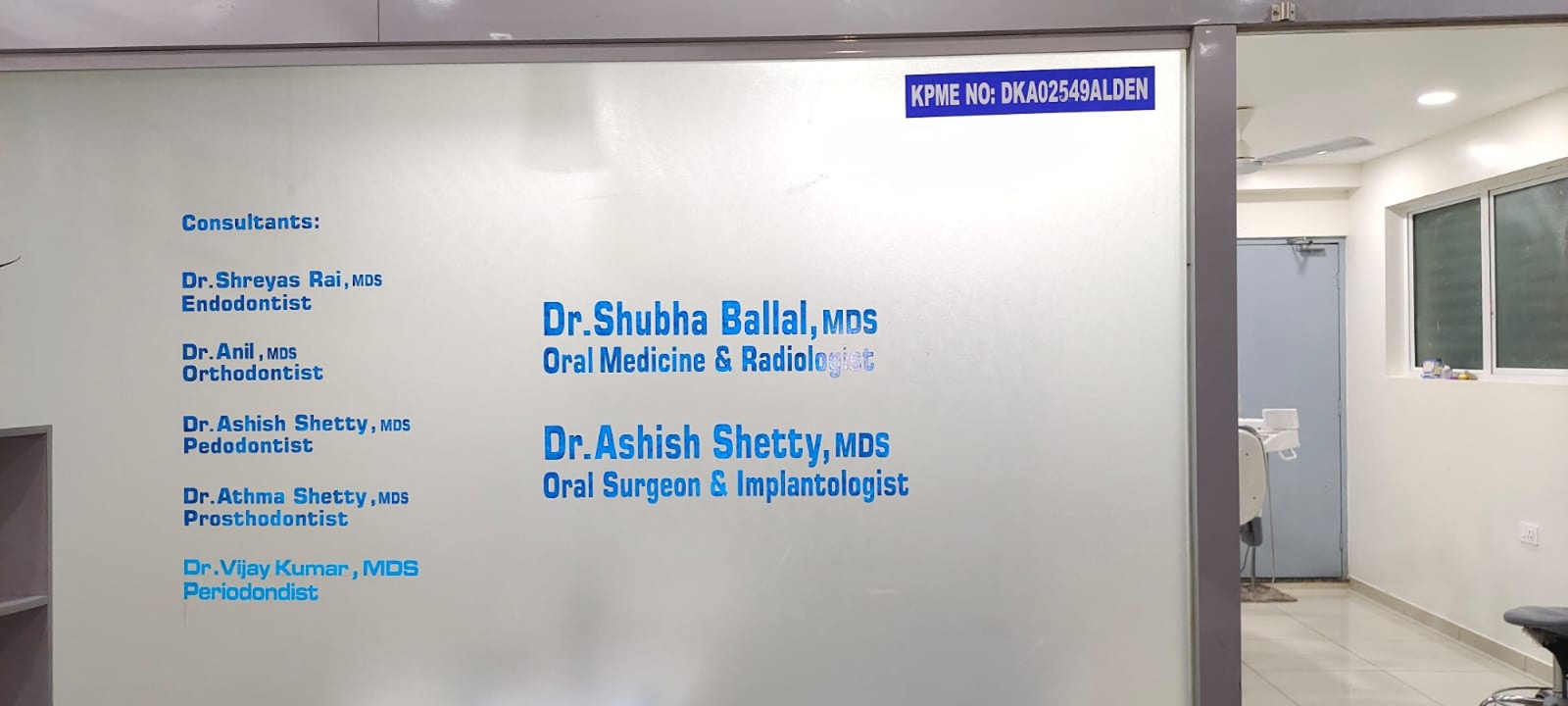 Dr. Teeth Dental Care consultants wall listing Dr. Shubha Ballal, Dr. Ashish Shetty and the specialist team, Mangaluru